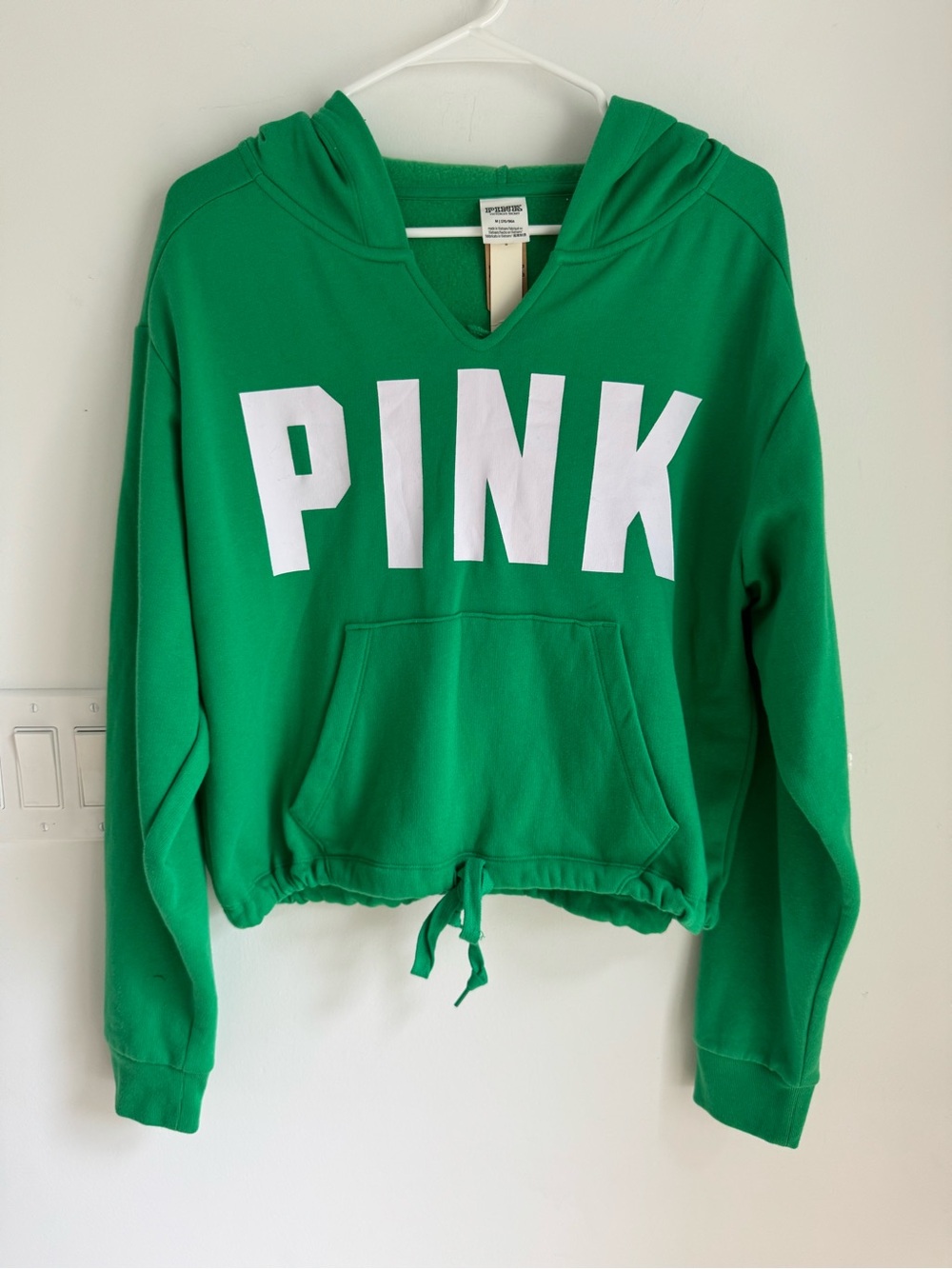 Victoria's Secret PINK FLEECE CROPPED CINCHED CAMPUS HOODIE GREEN SIZE M NEW